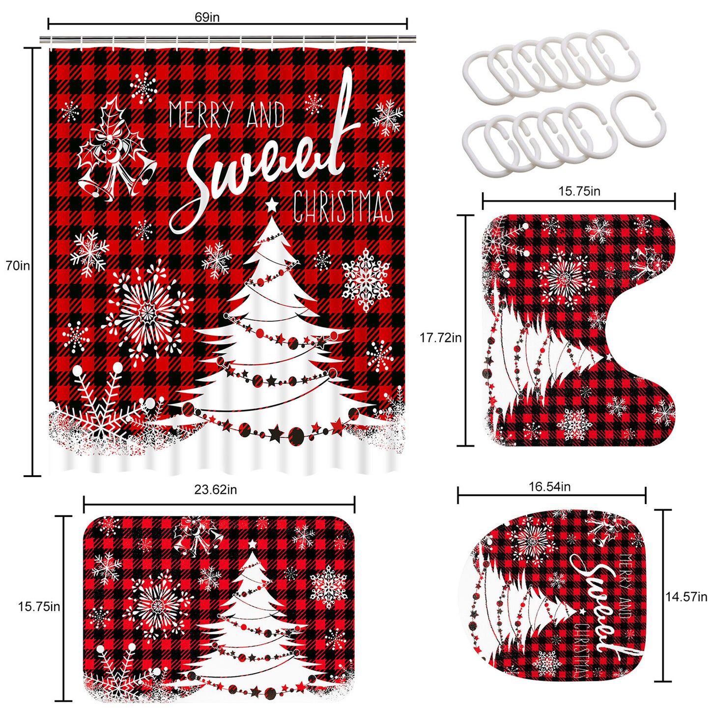 FRAMICS Merry Christmas Shower Curtain Sets with Rugs, Red Buffalo Plaid Bathroom Decor Sets, Xmas Tree Waterproof Fabric Shower Curtain with 12 Hooks and Toilet Rugs