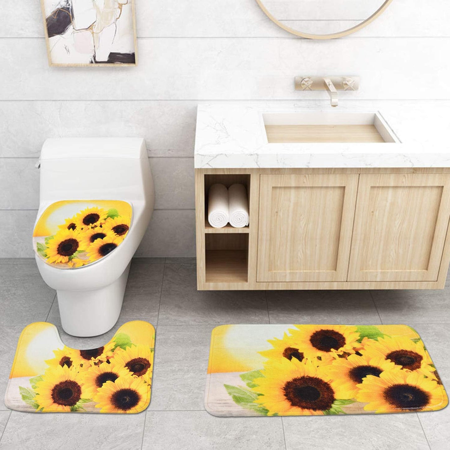 FRAMICS Yellow Sunflower Shower Curtain and Rug Sets, 16 Pc Flowers Bathroom Sets, Waterproof Fabric Shower Curtain with 12 Hooks and Toilet Rugs