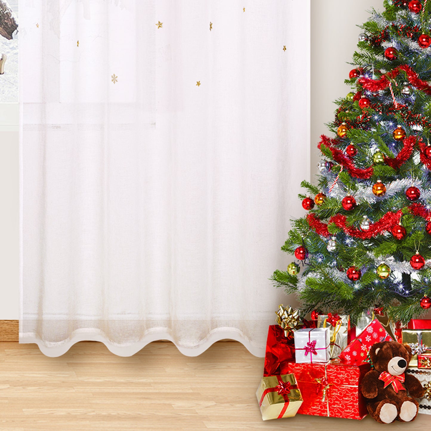 Alishomtll Snowflakes Christmas Curtain White Glitter Stars Sheer Voile Curtain Winter Window Drape, 52"W x 63"L,2 Panels