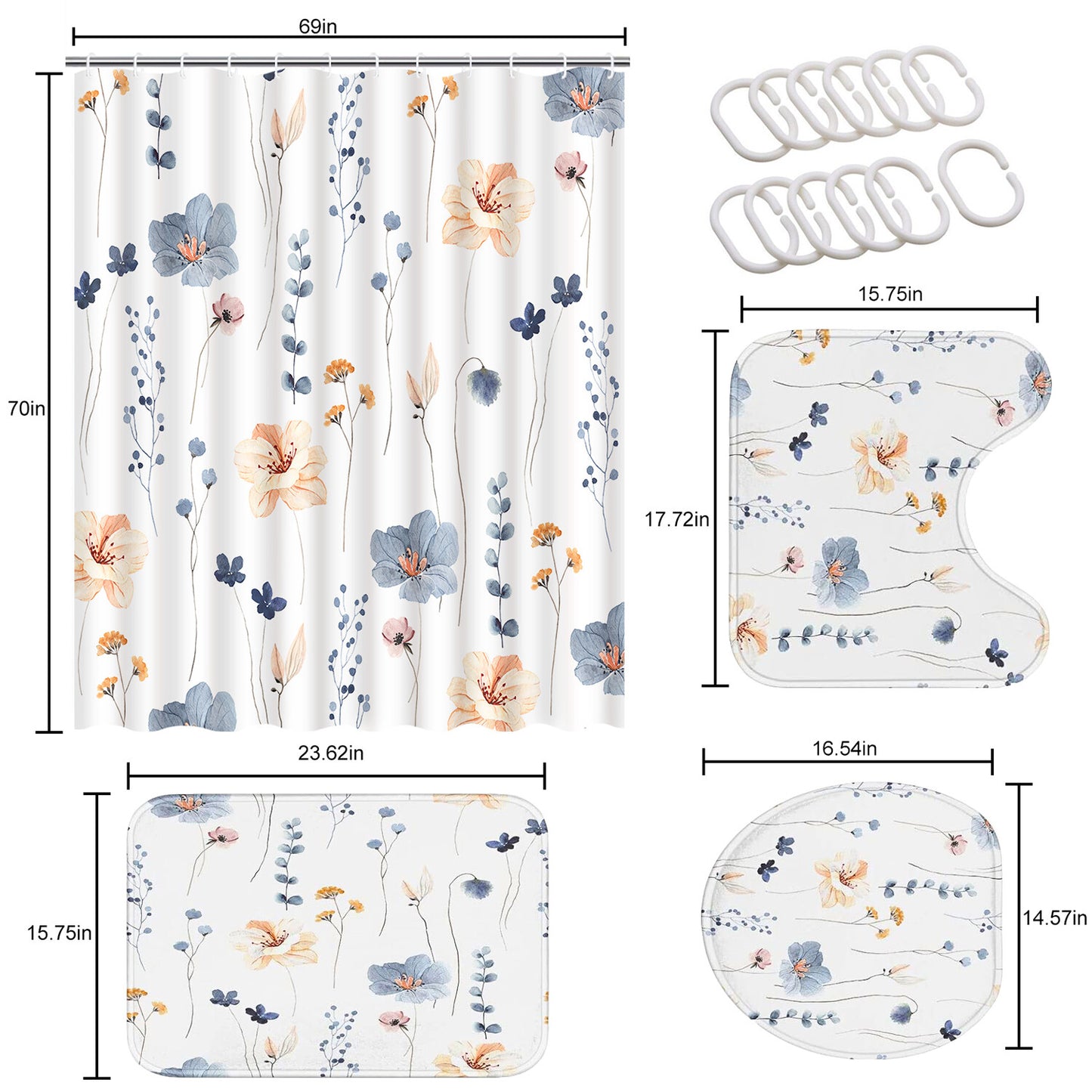 FRAMICS Watercolor Floral Shower Curtain Sets with Rugs, 16 Pc Blue Beige Flower Bathroom Sets, Minimalist White Waterproof Fabric Bathroom Curtain Decor with Hooks