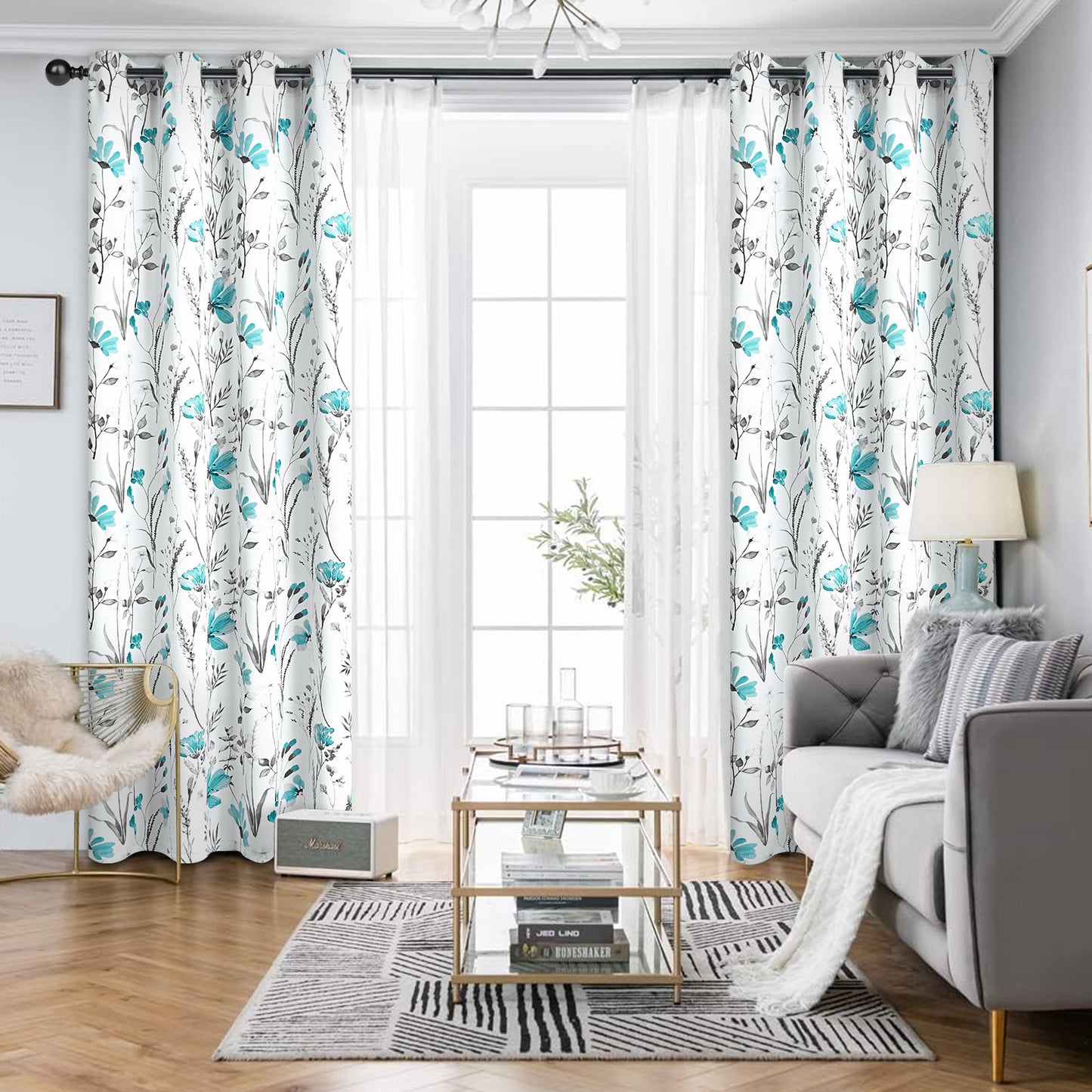 Alishomtll Teal Floral Blackout Curtains for Living Room Bedroom Energy Efficient Thermal Insulated Grommet Window Drapes, 52"x 84",Set of 2