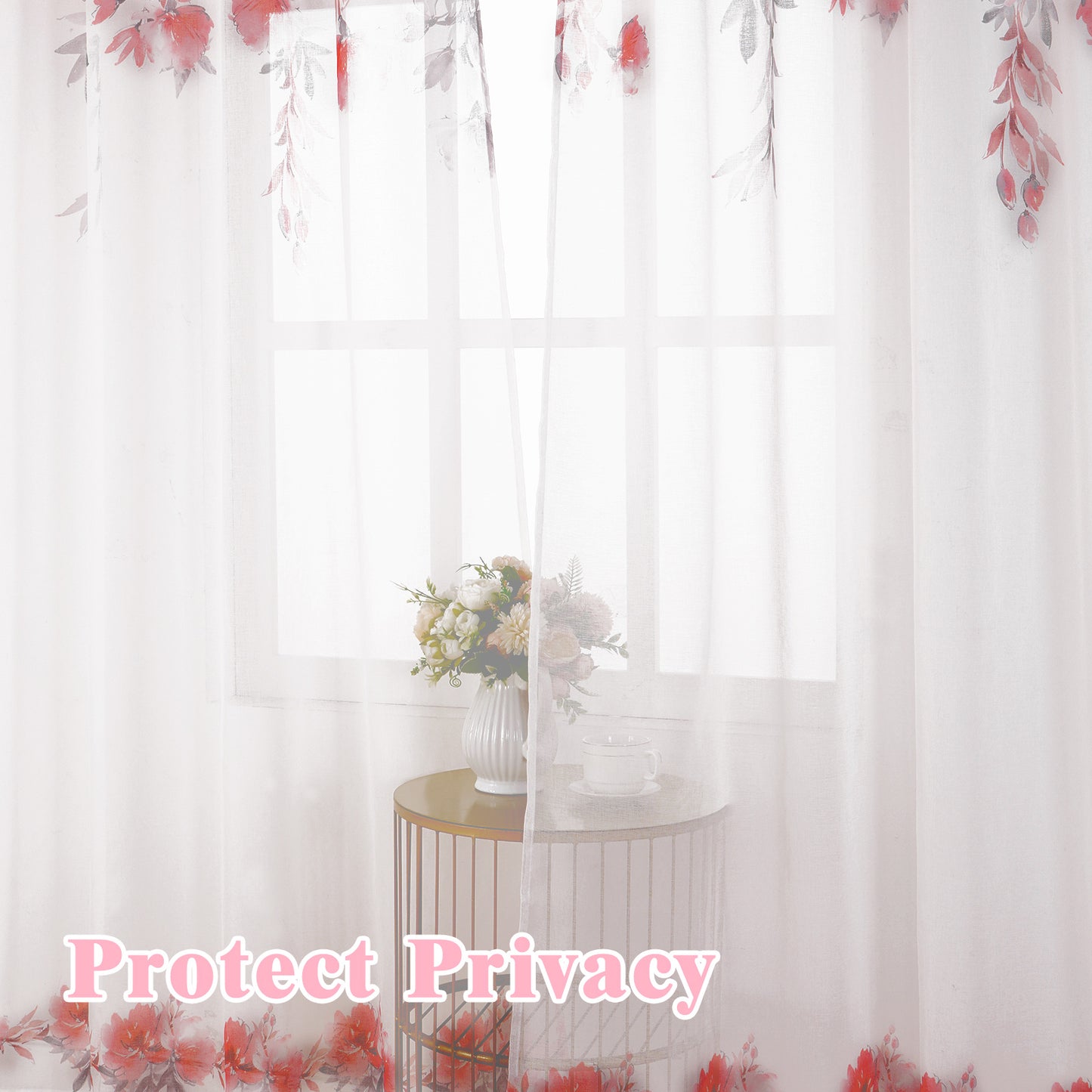 Alishomtll Floral Sheer Curtains 63 Inch Long Rod Pocket Pink Flower Semi Sheer Voile Window Treatment For Bedroom Dining Room