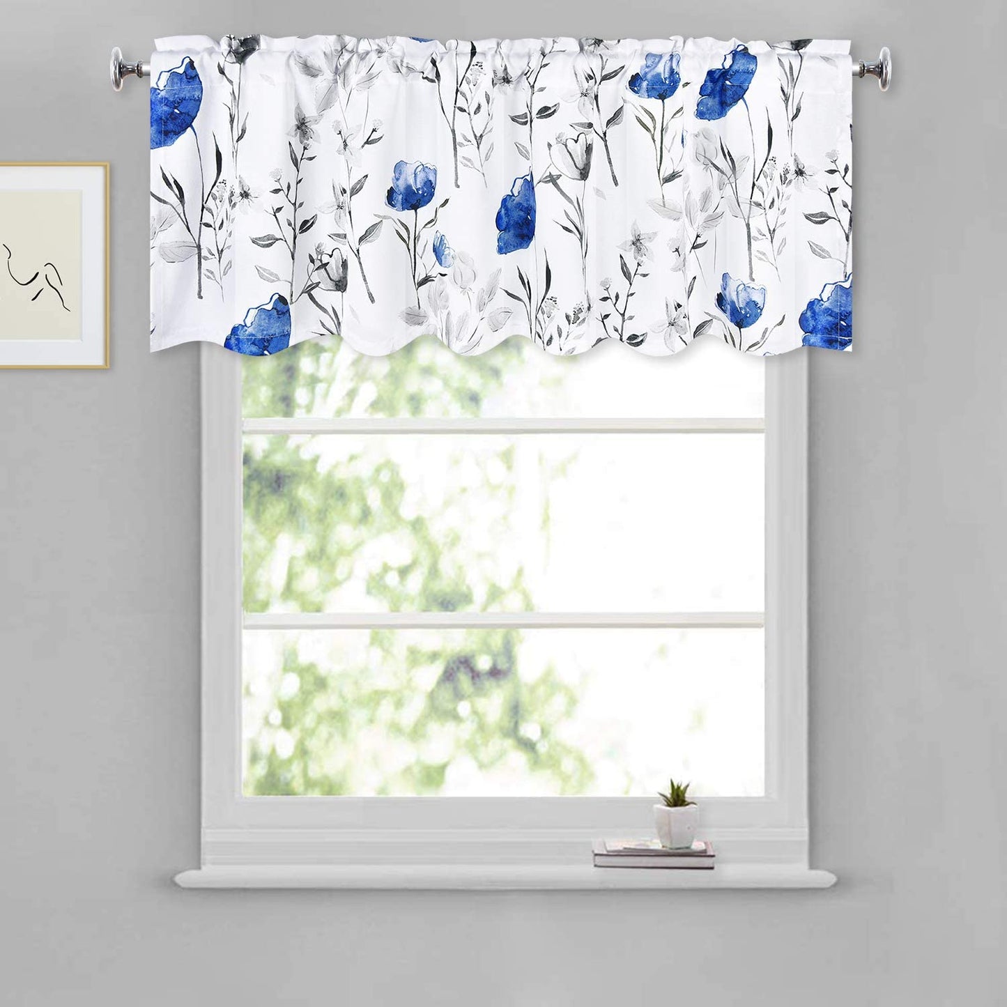 Alishomtll Flower Print Rod Pocket Kitchen Curtain Valance, Blue ,52W" x 18L", 1 Panel