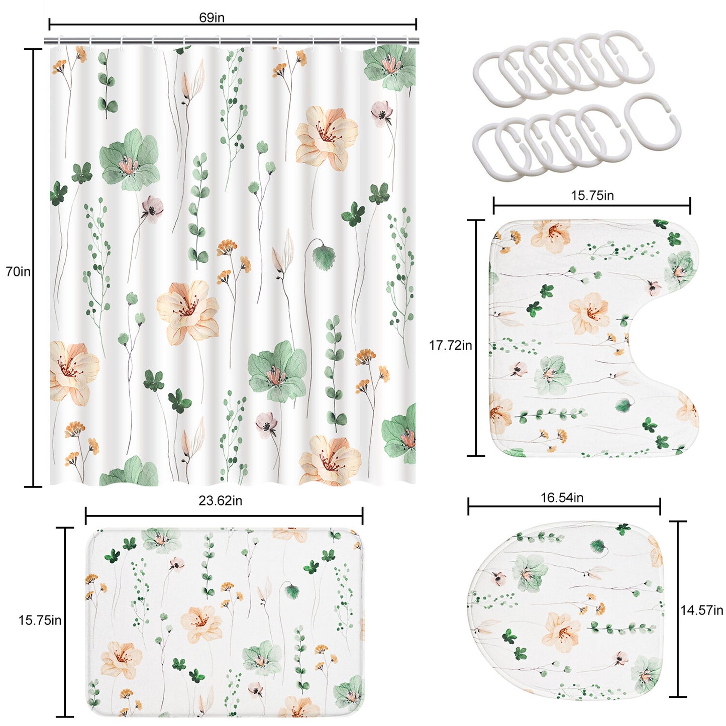 FRAMICS Watercolor Floral Shower Curtain Sets with Rugs, 16 Pc Sage Green Flower Bathroom Sets, Modern Minimalist White Waterproof Fabric Bathroom Curtain Decor with Hooks