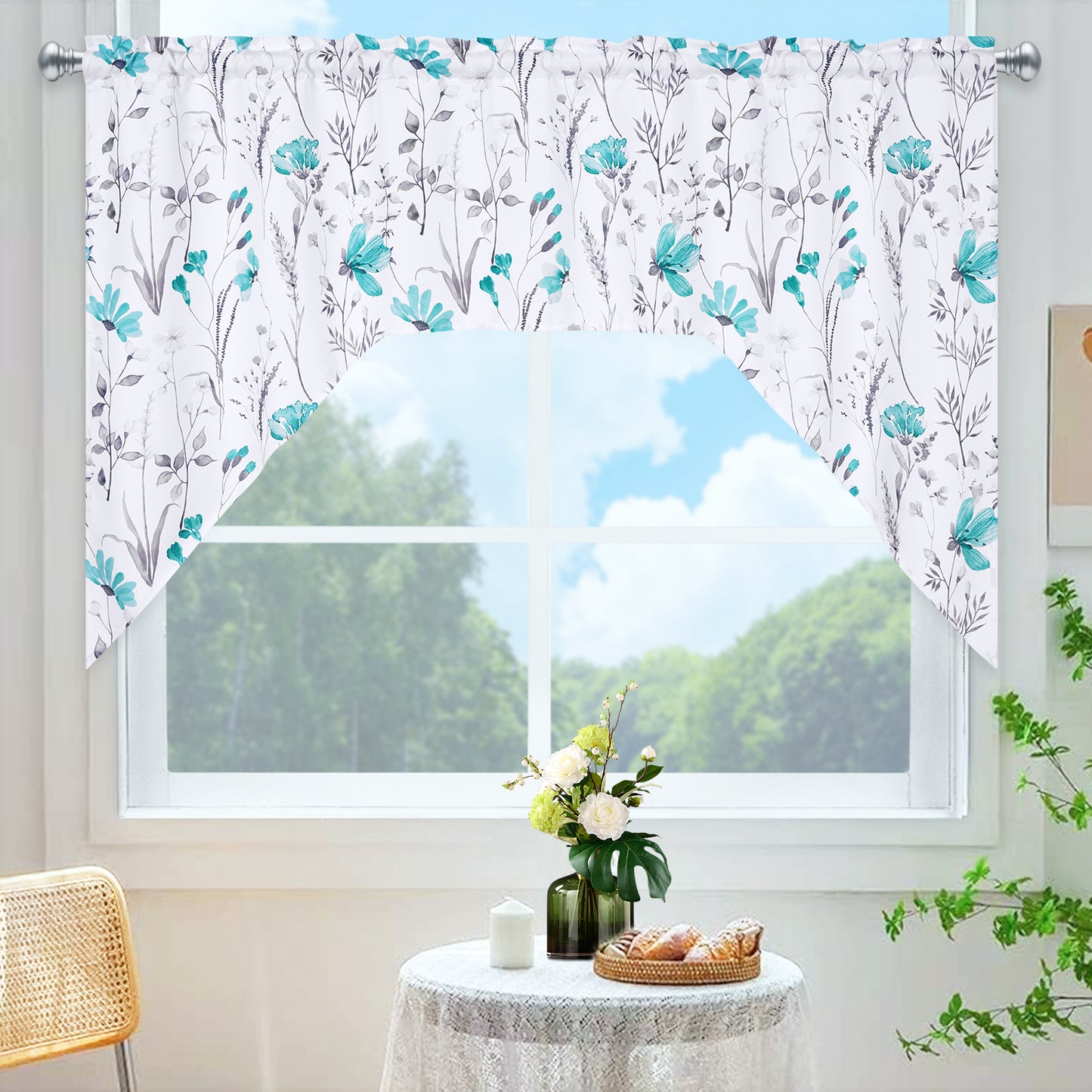 Alishomtll Kitchen Curtains Teal Floral Valance Swag Curtains Watercolor Flower Window Drapes,61" W x 36" L,Rod Pocket