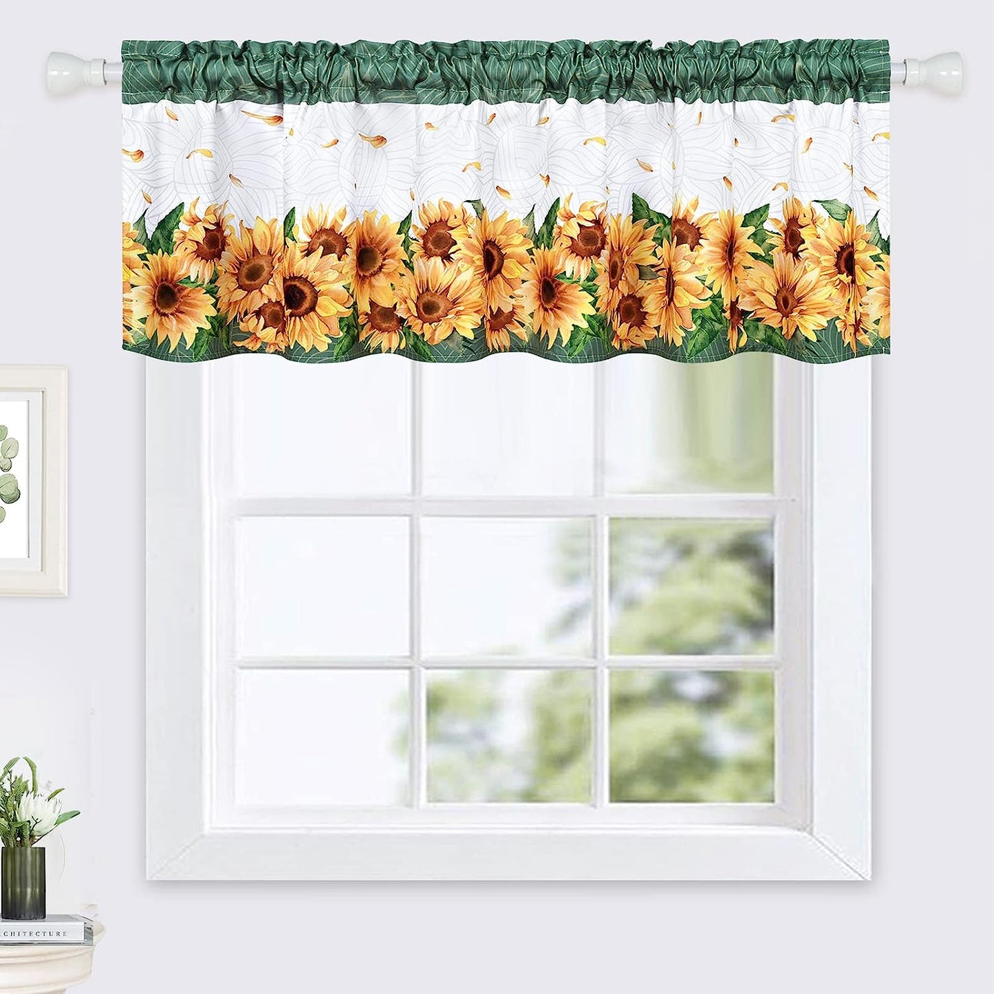 Alishomtll Kitchen Valance Curtain Sunflower Pattern Garden Valance 18 inch Rod Pocket