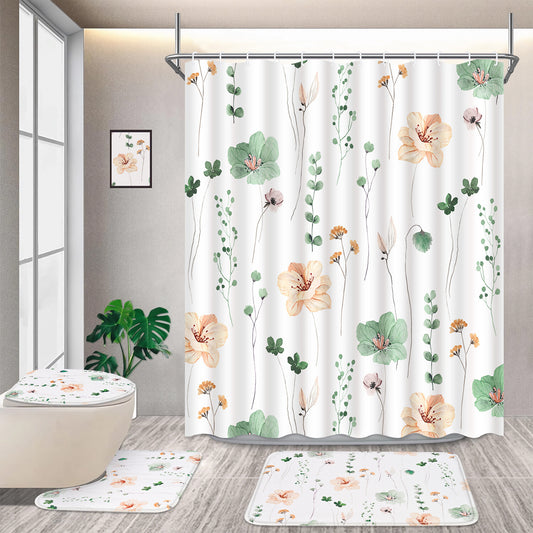 FRAMICS Watercolor Floral Shower Curtain Sets with Rugs, 16 Pc Sage Green Flower Bathroom Sets, Modern Minimalist White Waterproof Fabric Bathroom Curtain Decor with Hooks