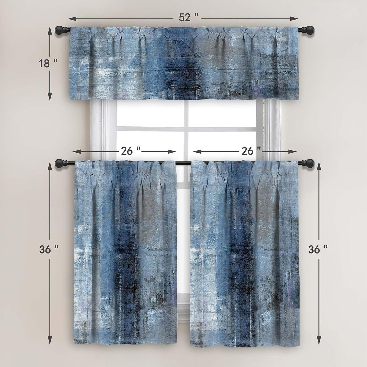 Alishomtll Kitchen Curtains and Valances Sets Blue Grey Rod Pocket Kitchen Curtains 3 Piece Set 36 Inches Long