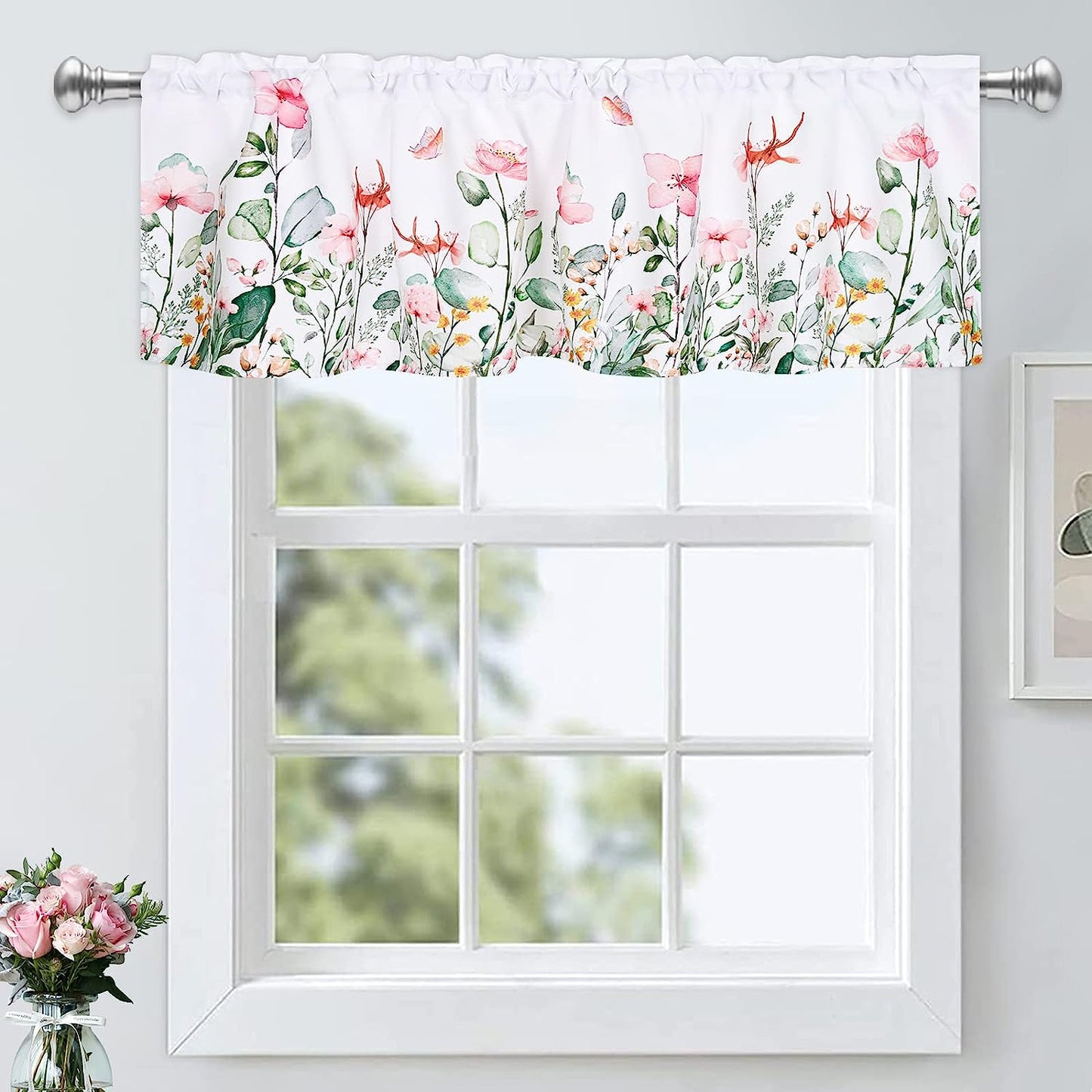 Alishomtll Kitchen Valance Curtains Floral Print Window Valance , 52x18 Inch，Rod Pocket