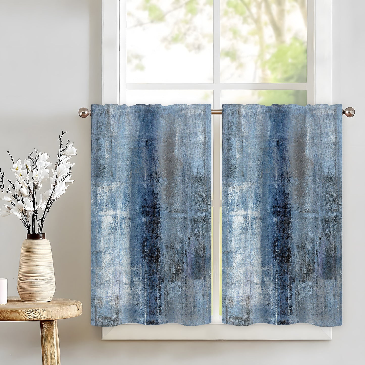 Alishomtll Kitchen Curtains and Valances Sets Blue Grey Rod Pocket Kitchen Curtains 3 Piece Set 36 Inches Long