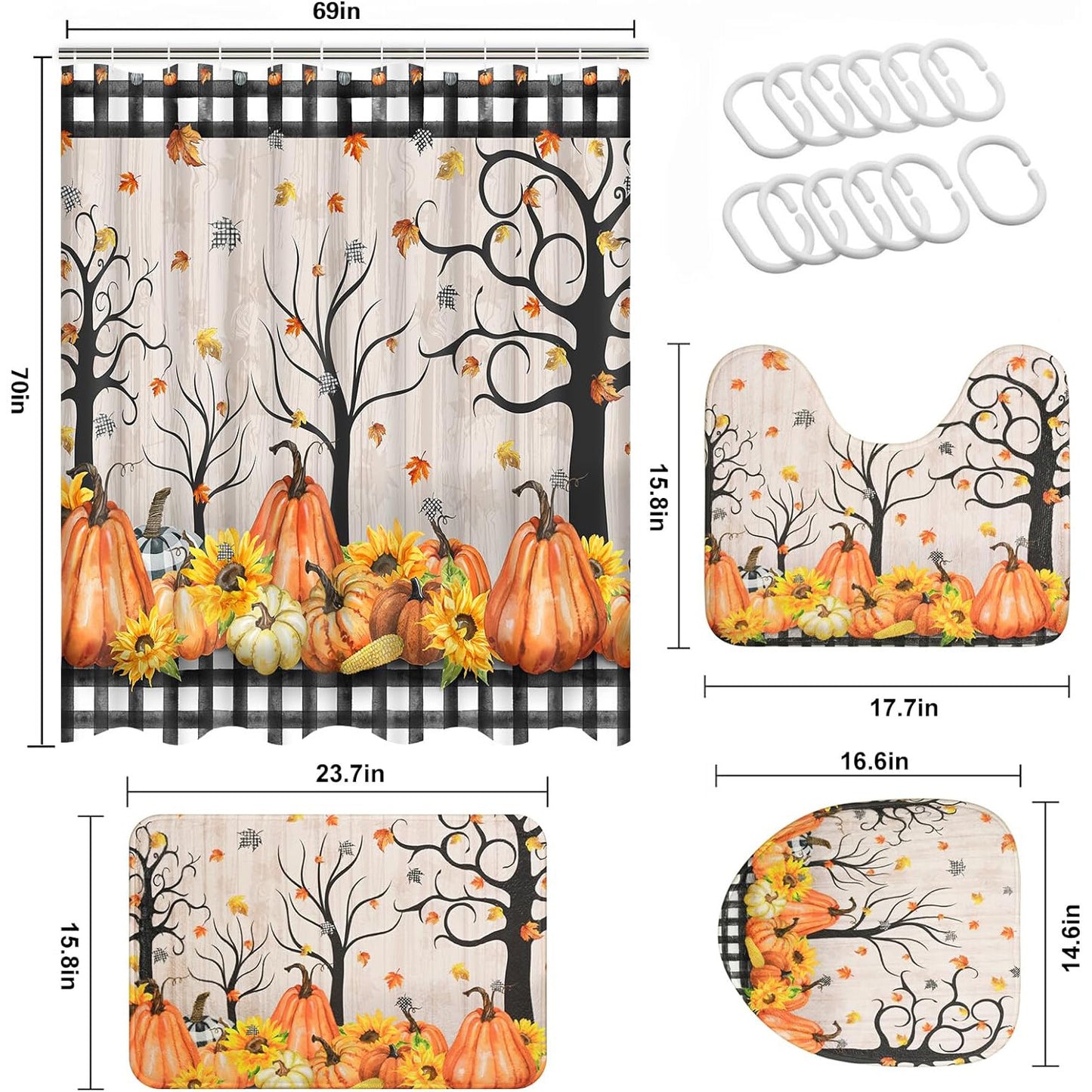 FRAMICS Fall Shower Curtain Set with Rugs, Thanksgiving Pumpkin Bathroom Sets, Black White Buffalo Check Waterproof Fabric Shower Curtain with 12 Hooks and Toilet Rugs