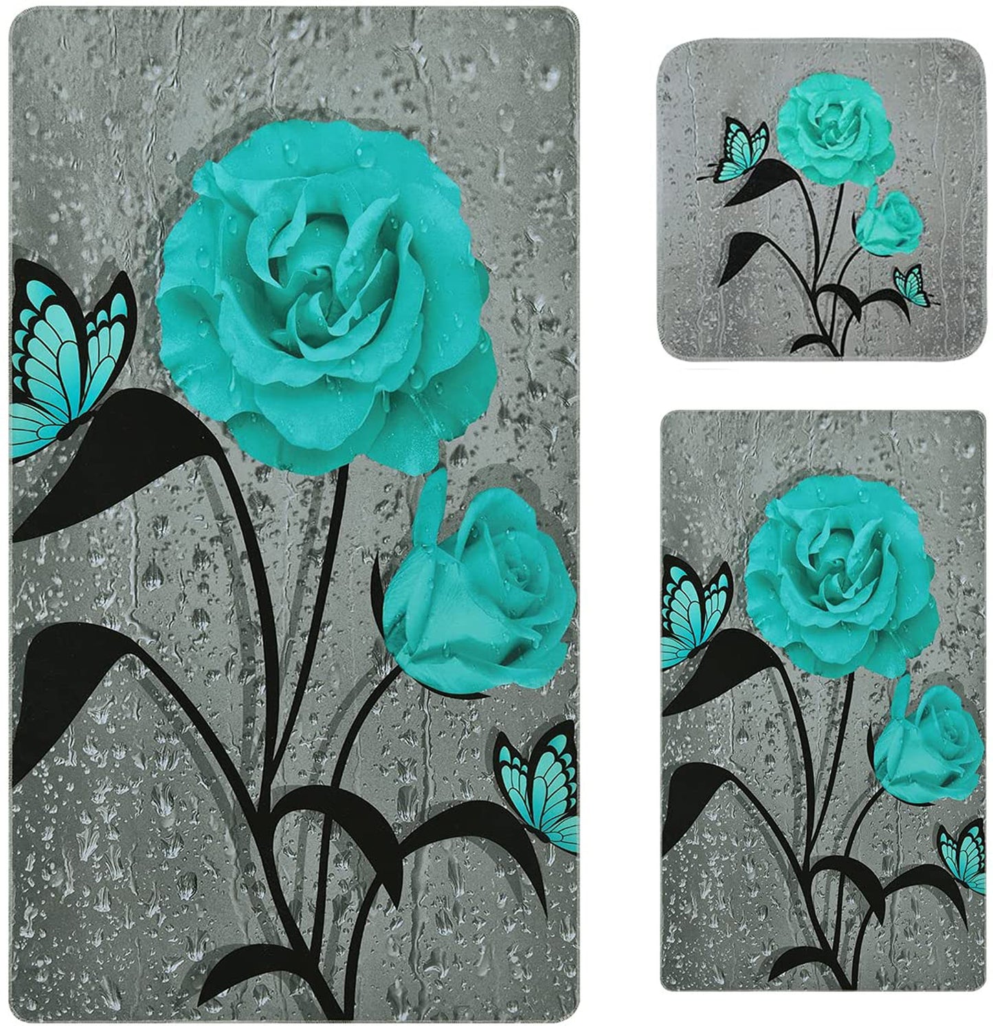 Alishomtll 3D Raindrop Rose Flower Bath Towels Set Include Beach Towel, Hand Towel and Kitchen Dish Towels, Elegant Bathroom Decor, Green