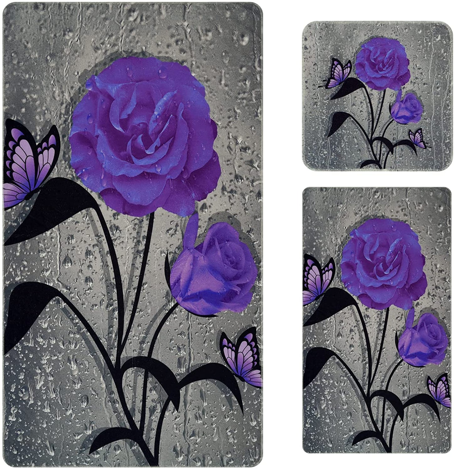 Alishomtll 3D Raindrop Rose Flower Bath Towels Set Include Beach Towel, Hand Towel and Kitchen Dish Towels, Elegant Bathroom Decor, Purple