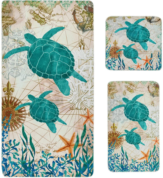 Alishomtll 3Pcs Blue Sea Turtles Bath Towels Set Include Beach Towel, Hand Towel and Wash Towel Bathroom Decor