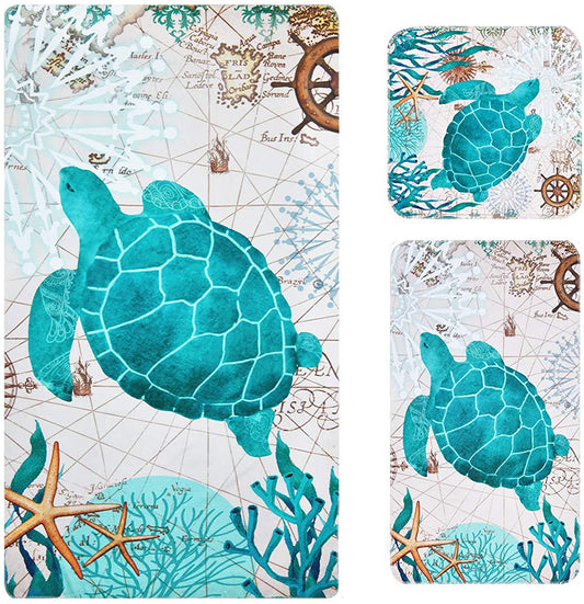 Alishomtll 3Pcs Kids Sea Turtles Bath Towels Set Include Bath Towel, Hand Towel and Washcloth for Bathroom Decor