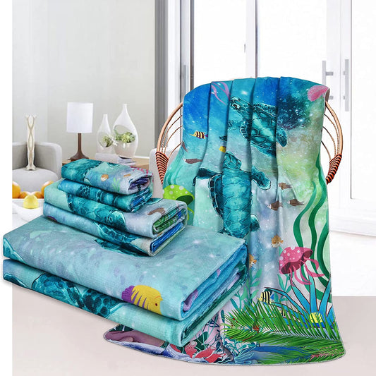 Alishomtll Bath Towels Set Sea Turtle Pattern Include Bath Towel, Hand Towel and Wash Towel for Bathroom