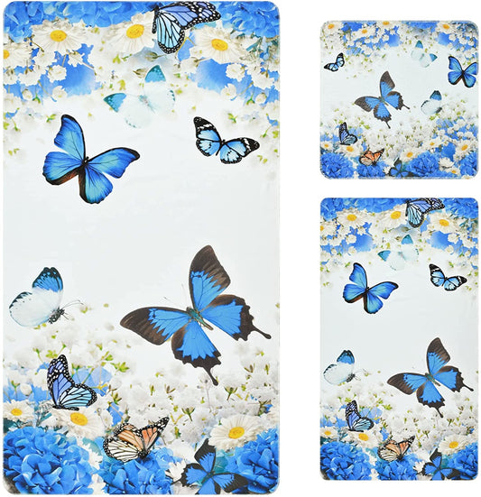 Alishomtll Butterfly and Flower Bath Towel Sets Blue Plant and Insect Towel Include Beach Towel, Hand Towel and Kitchen Dish Towels