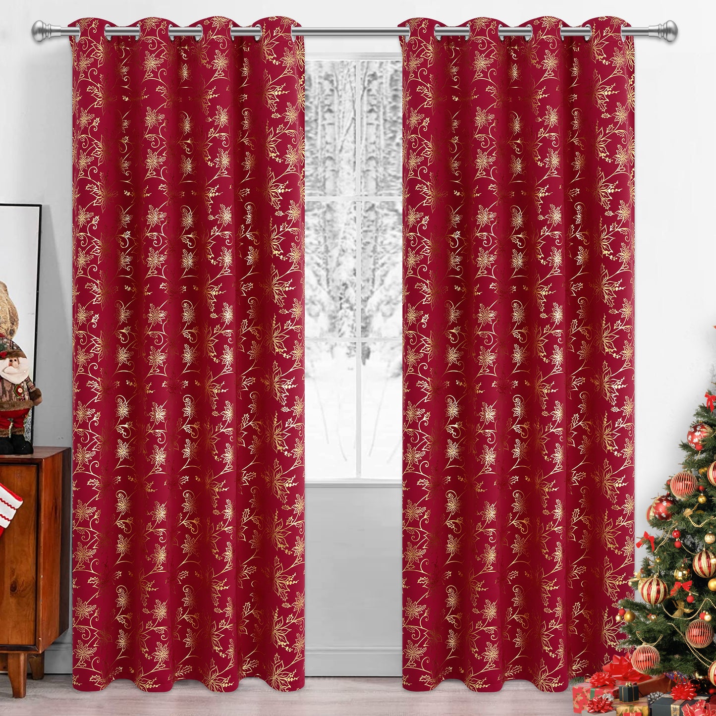 Alishomtll Christmas Curtain Golden Poinsettia Foil Print Blackout Window Curtains Drapes, 52" x 84"L, Red, Set of 2 Panels