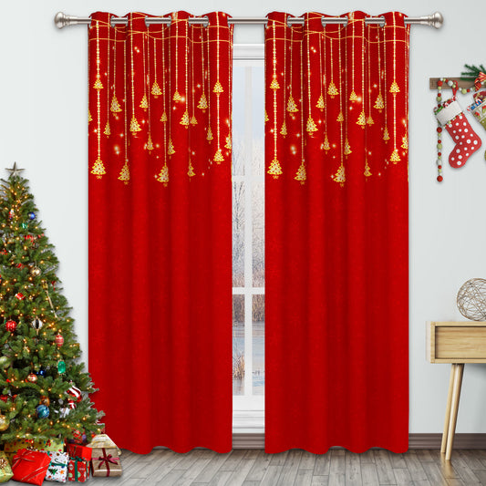 Alishomtll Christmas Curtains for Living Room Blackout Gold Christmas Tree Grommet Window Drapes , 52"W x84"L,Red ,2 Panels