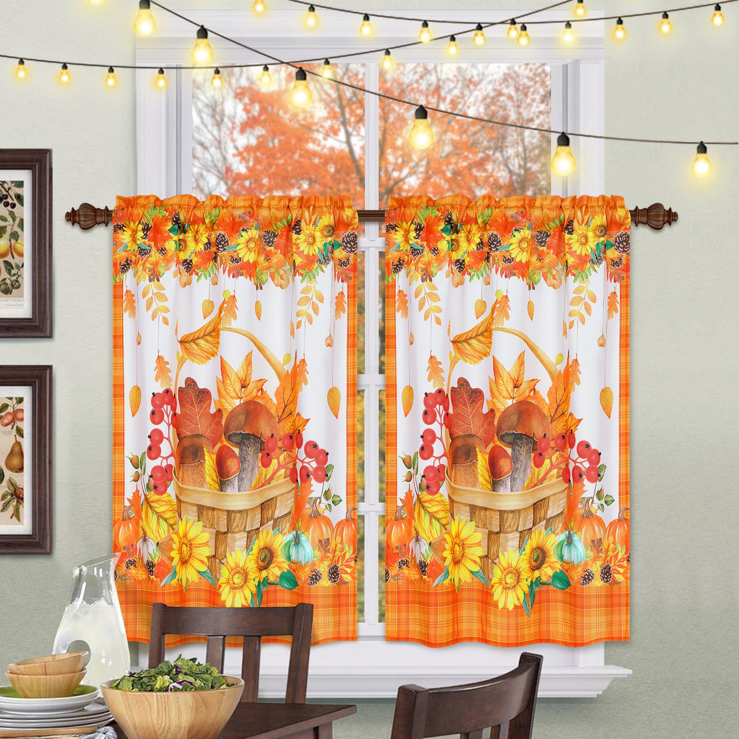 Alishomtll Fall Kitchen Curtains Sunflower Pumpkins Autumn Leaves Print Curtains Sets Thanksgiving,Rod Pocket ,30"Wx36"L