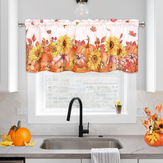 Alishomtll Fall Kitchen Curtains Thanksgiving Valance Fall Pumpkins Rod Pocket Window Treatment, 52W" x 18L", 1 Panel