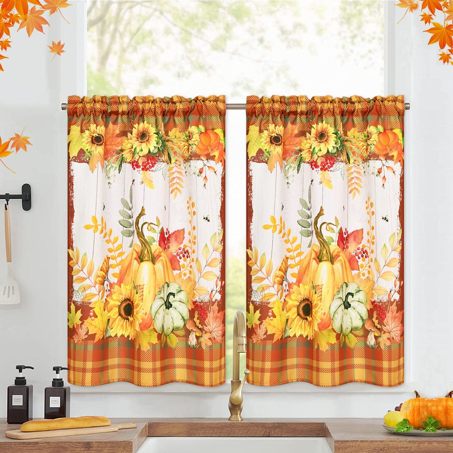 Alishomtll Fall Thanksgiving Kitchen Curtains Sunflower Pumpkins Print Tier Curtains Sets,Rod Pocket ,30"Wx36"L