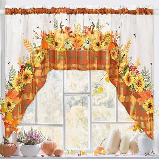 Alishomtll Fall Thanksgiving Valance Curtains for Kitchen Swag Pumpkin Sunflower Window Drapes,61" W x 36" L,Rod Pocket,