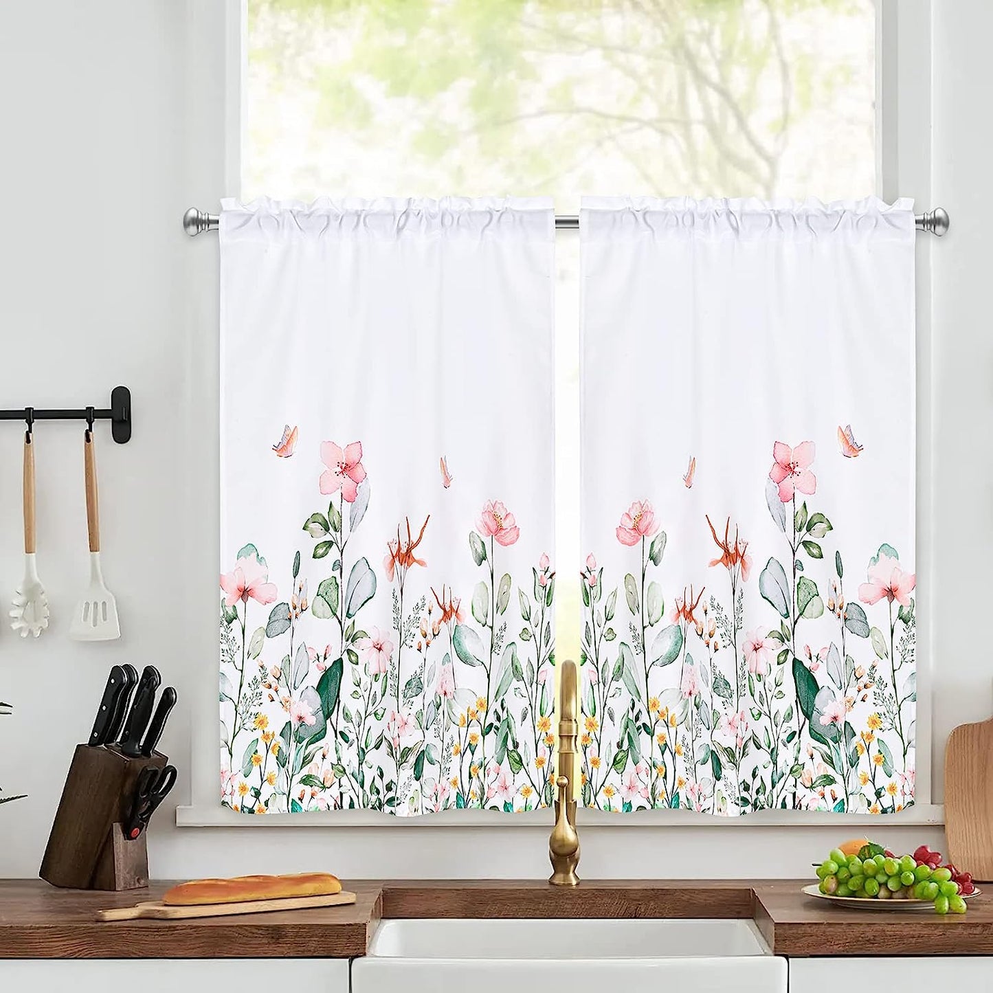 Alishomtll Floral Print Kitchen Curtain Tiers Set ,2 Panels,Rod Pocket,White