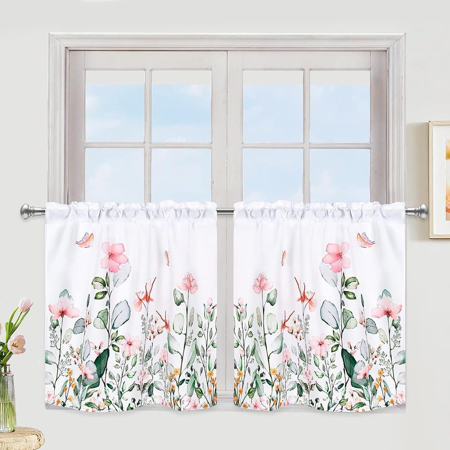 Alishomtll Floral Print Kitchen Curtain Tiers Set ,2 Panels,Rod Pocket,White