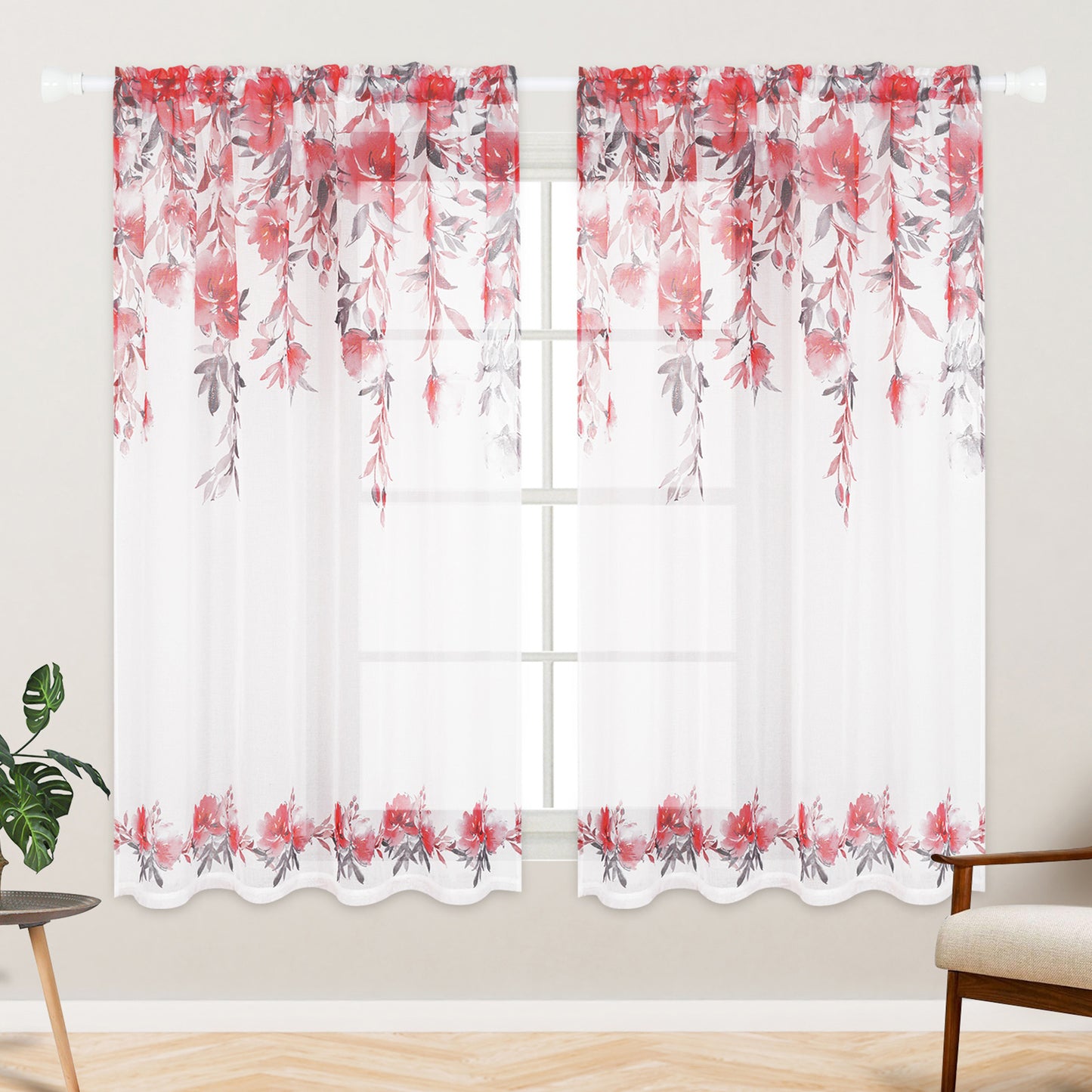 Alishomtll Floral Sheer Curtains 63 Inch Long Rod Pocket Pink Flower Semi Sheer Voile Window Treatment For Bedroom Dining Room