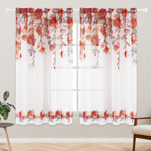 Alishomtll Floral Sheer Curtains 63 Inch Long Rod Pocket Red Flower Semi Sheer Voile Window Treatment For Bedroom Dining Room