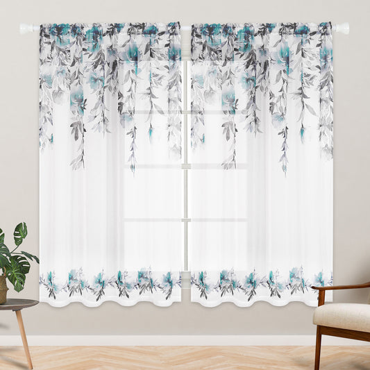 Alishomtll Floral Sheer Curtains 63 Inch Long Rod Pocket Teal Flower Semi Sheer Voile Window Treatment For Bedroom Dining Room