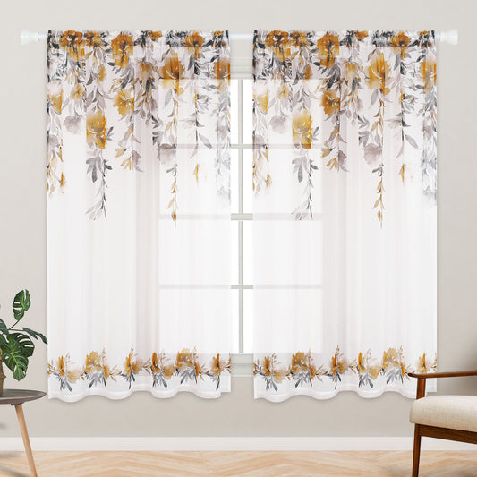 Alishomtll Floral Sheer Curtains 63 Inch Long Rod Pocket Yellow Flower Semi Sheer Voile Window Treatment For Bedroom Dining Room