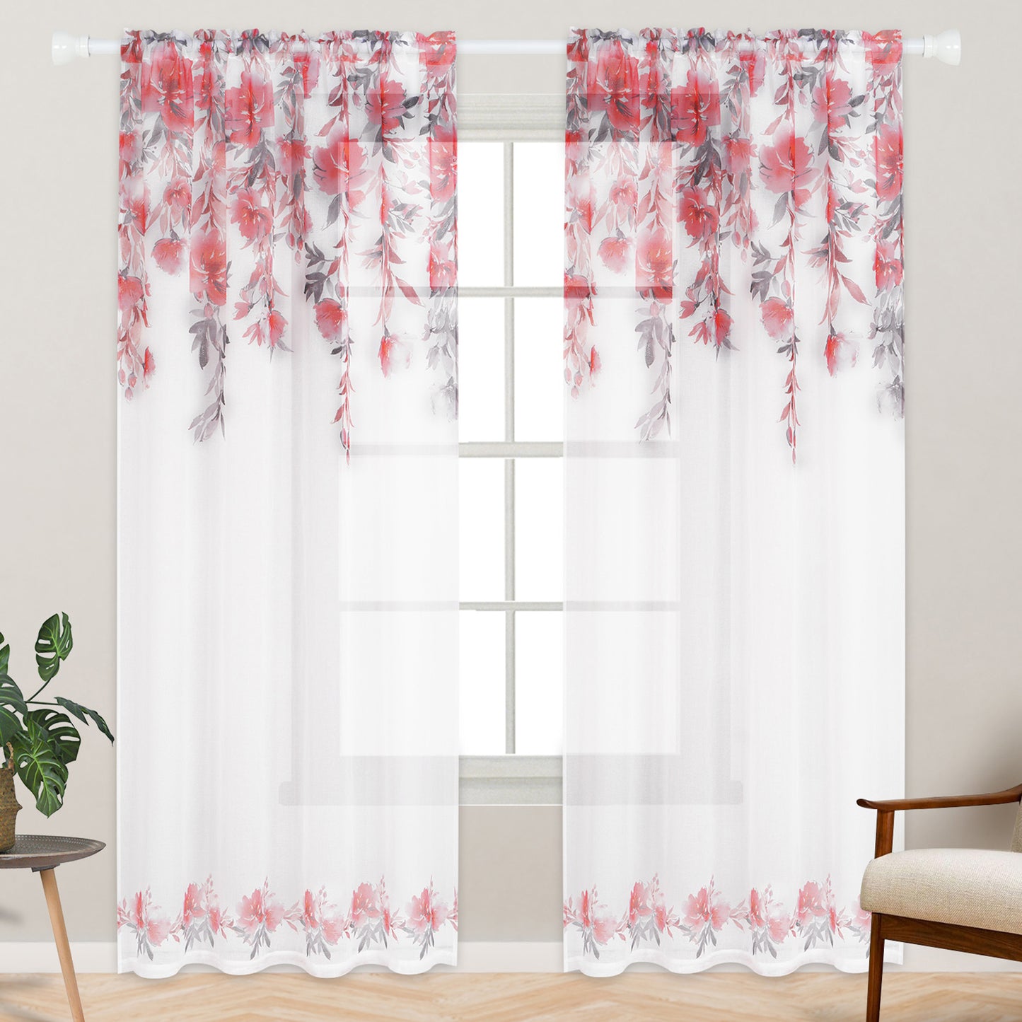 Alishomtll Floral Sheer Curtains 84 Inches Long Rod Pocket Pink Flower Semi Sheer Voile Window Treatment For Bedroom Dining Room