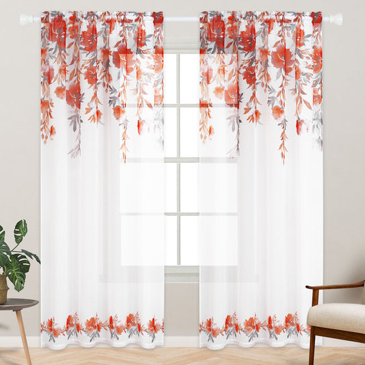 Alishomtll Floral Sheer Curtains 84 Inches Long Rod Pocket Red Flower Semi Sheer Voile Window Treatment For Bedroom Dining Room