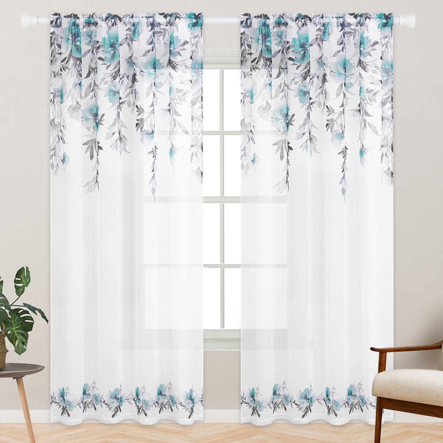 Alishomtll Floral Sheer Curtains 84 Inches Long Rod Pocket Teal Flower Semi Sheer Voile Window Treatment For Bedroom Dining Room