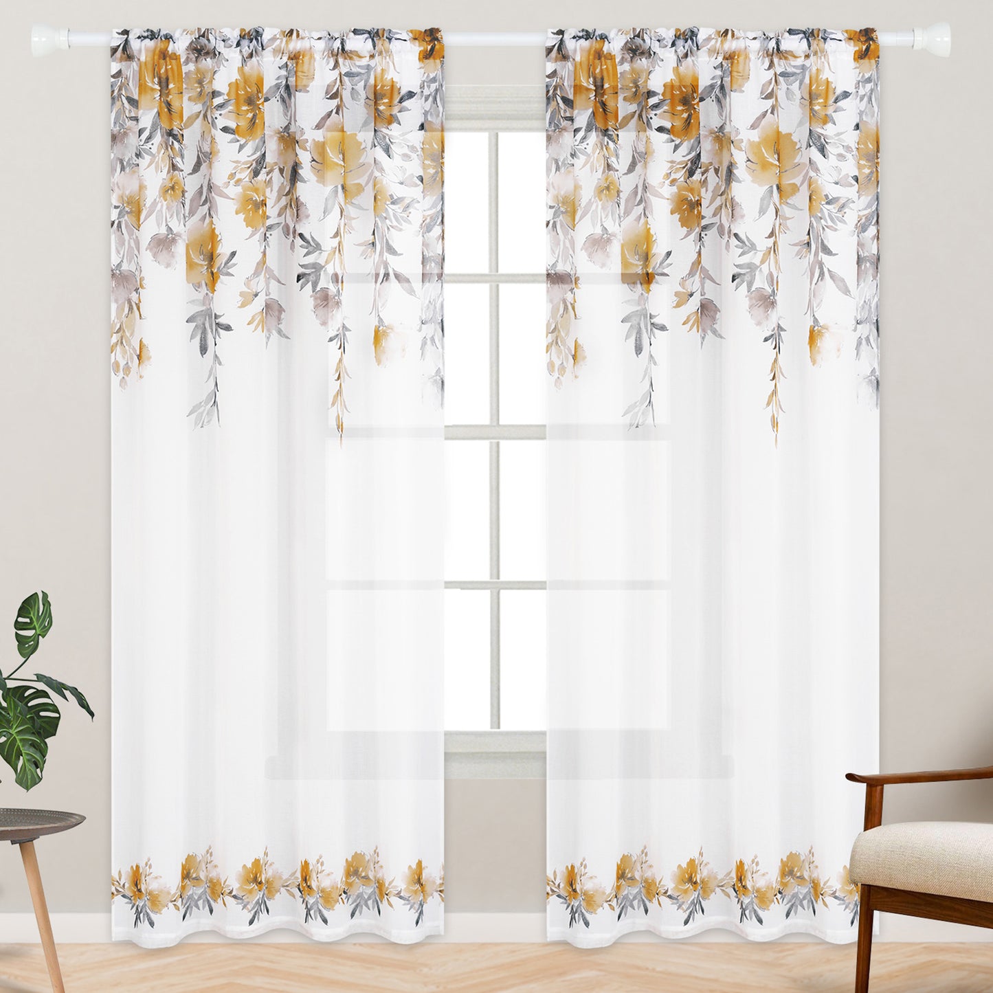 Alishomtll Floral Sheer Curtains 84 Inches Long Rod Pocket Yellow Flower Semi Sheer Voile Window Treatment For Bedroom Dining Room