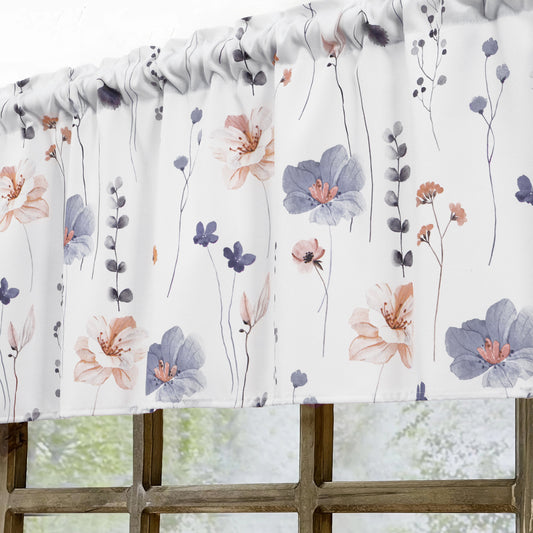 Alishomtll Floral Valance Curtains Kitchen Blue Wildflower Flower Leaf Windows Drapes,52 x 18 inch,Rod Pocket