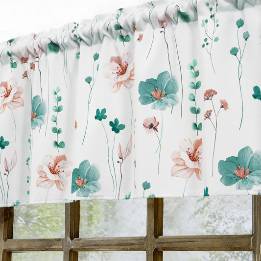 Alishomtll Floral Valance Curtains Kitchen Teal Wildflower Flower Leaf Windows Drapes,52 x 18 inch,Rod Pocket