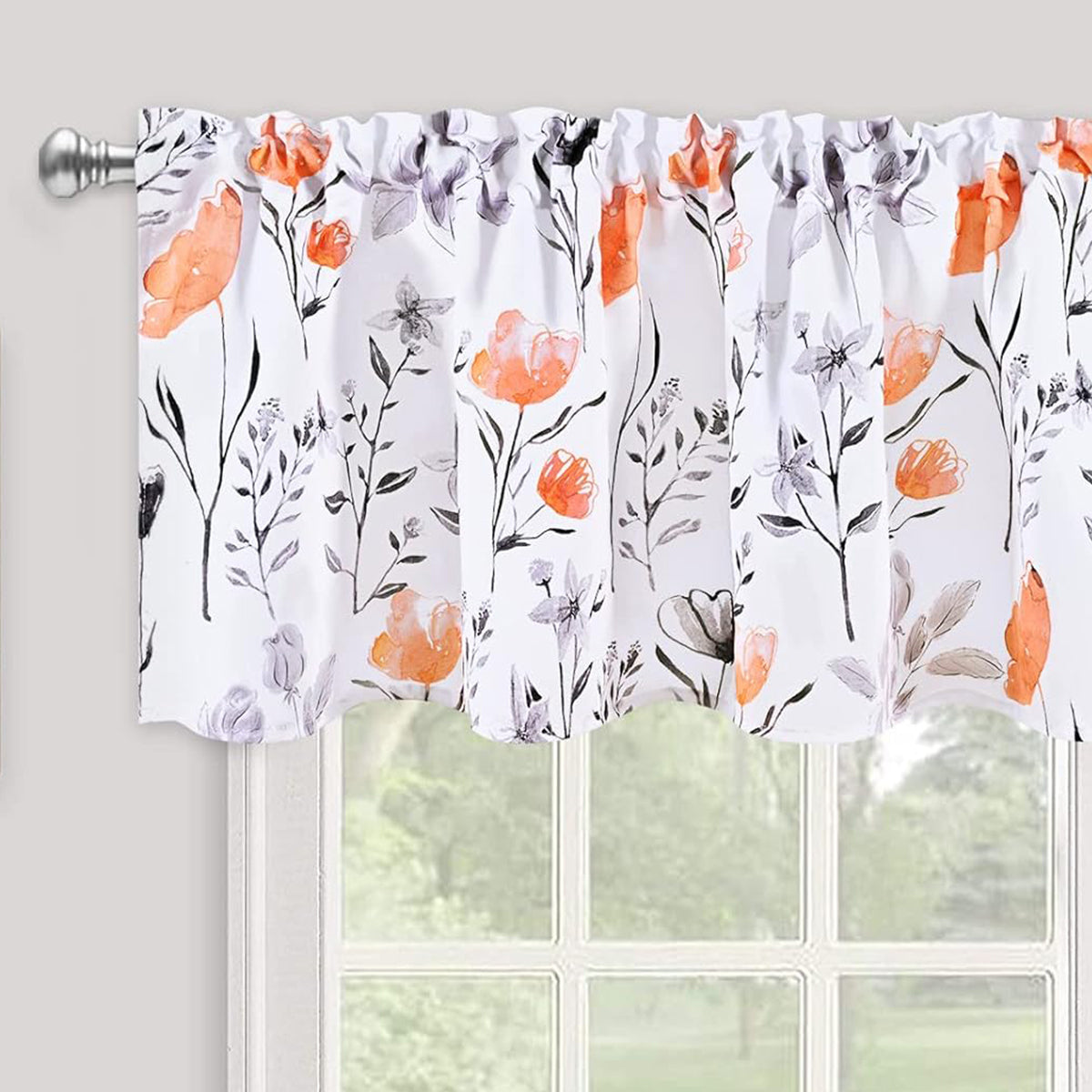 Alishomtll Flower Print Rod Pocket Kitchen Curtain Valance, Orange ,52W" x 18L", 1 Panel