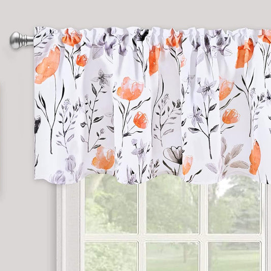 Alishomtll Flower Print Rod Pocket Kitchen Curtain Valance, Orange ,52W" x 18L", 1 Panel