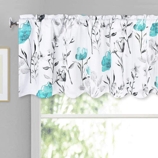 Alishomtll Flower Print Rod Pocket Kitchen Curtain Valance, Teal ,52W" x 18L", 1 Panel