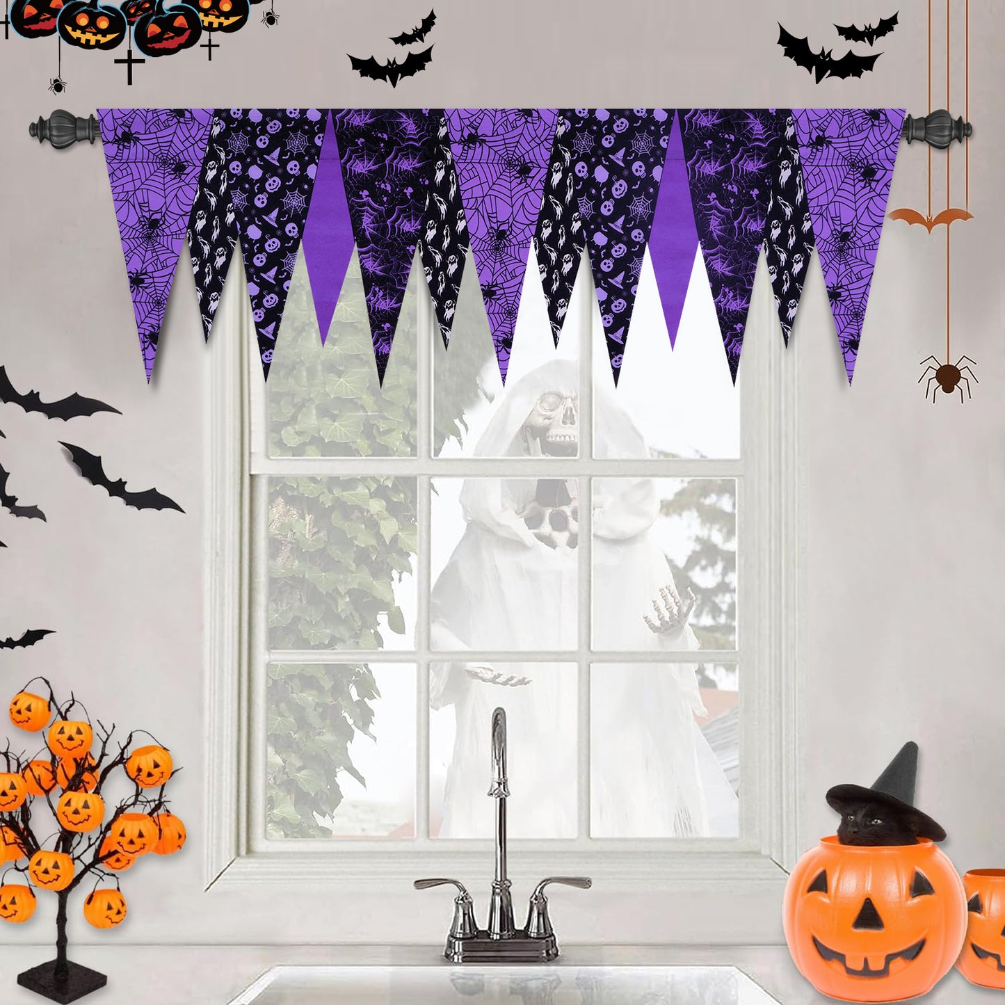 Alishomtll Halloween Autumn Valance Curtains For Kitchen Or Bathroom Spider Web Window Drapes With Rod Pocket,18"X52"W,Purple