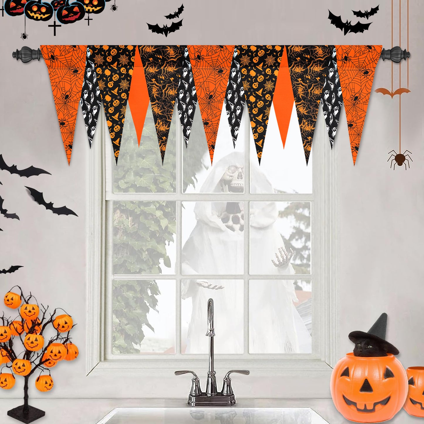 Alishomtll Halloween Autumn Kitchen Valance Curtains for Bathroom Spider Web Window Drapes with Rod Pocket,18"X52"W