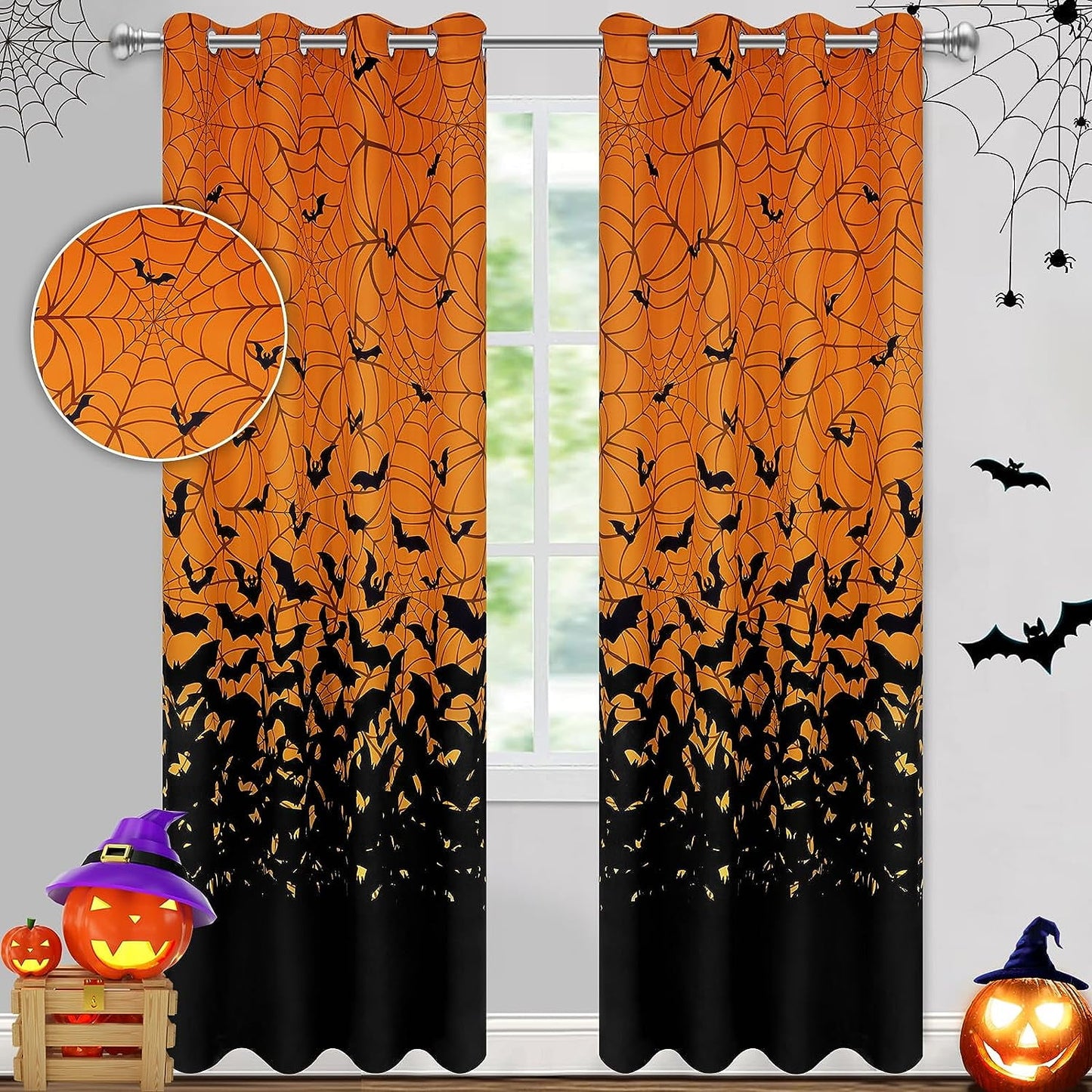 Alishomtll Halloween Curtains Room Darkening Bats Spider Web Printed Window Drapes for Living Room ,2 Panels,52" W x 84" L