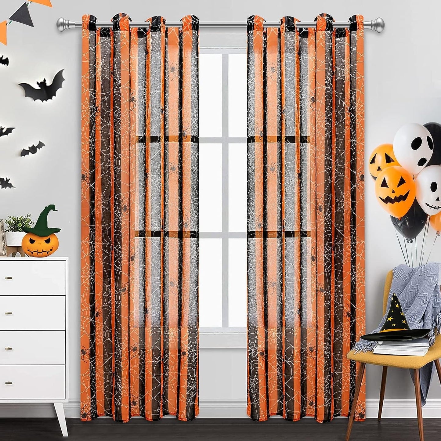 Alishomtll Halloween Curtains Spider Web Semi Sheer Drapes for Halloween Window Decorations, Party, Set of 2 Panel, 52 x 84Inch