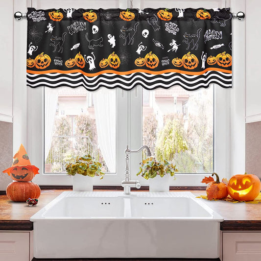 Alishomtll Halloween Kitchen Curtains Valance Pumpkin Cat Window Drapes, 52x18 Inch,Rod Pocket ,Black