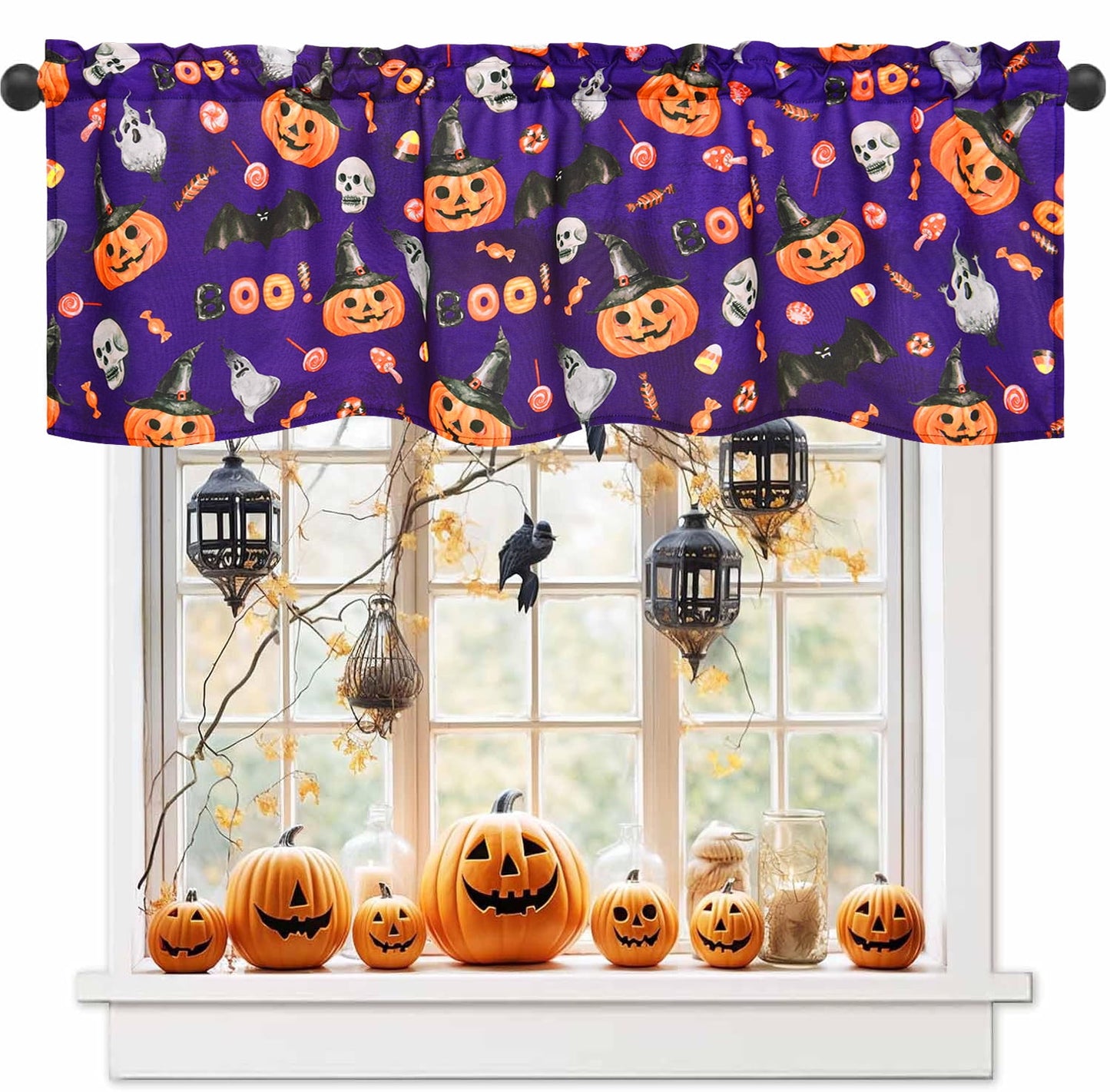 Alishomtll Halloween Valances Curtains Kitchen Pumpkin Ghost Bats Windows Drapes ,52 X 18 Inch,Rod Pocket