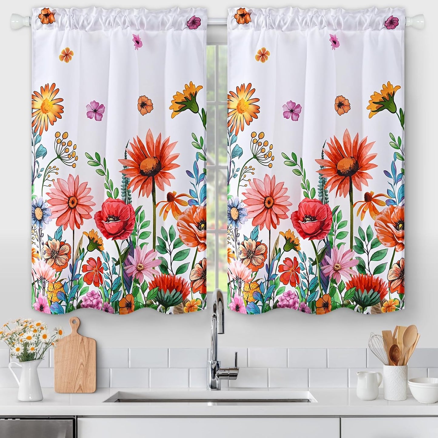 Alishomtll Kitchen Curtains Blossom Floral Print Window Curtain Tier Sets Rod Pocket, 26"Wx36"L,2 Panels,White