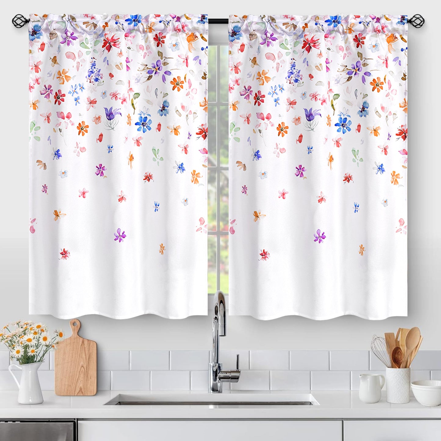 Alishomtll Kitchen Curtains Floral Falling Blossoming Petals Small Window Curtain Sets Rod Pocket,26"Wx36"L,2 Panels